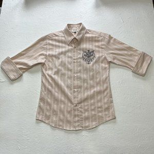 Donble Vision Mens Button Up Graphic Half Sleeve Sz Large Beige Light Tan USA